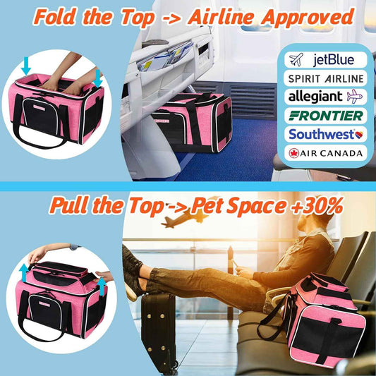 Petskd Top-Expandable Pet Carrier 17x12x8.5 Inches JetBlue Allegiant Spirit Airline Approved, Soft-Sided Carrier for Small Cats and Dogs with Locking Safety Zippers and Anti-Scratch Mesh(Pink)
