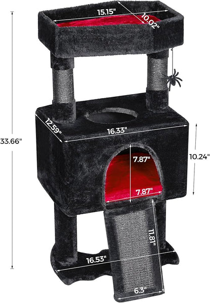BEWISHOME Cat Tree Tower for Indoor Gothic Cat Trees with Coffin Bed, Cat Condo Cat House with Scratching Posts, Cat Shelves with Spider Toy, Pet Play Activity Center Black with Red, MMJ95R
