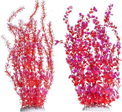 Hamiledyi Aquarium Plastic Plants Aquarium Decor Artificial Fish Tank Plants,Tall Fish Tank Decorations, Extra Large Aquarium Plant 23.6-inch Tall,2PCS（Red）