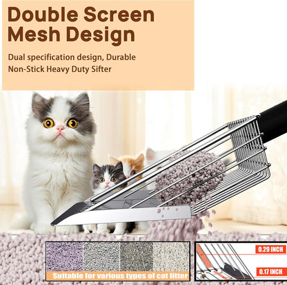 Heavy Duty Stainless Steel Cat Litter Scoop with Holder - Non-Slip Handle, Quick-Sifting Grid & Easy to Clean