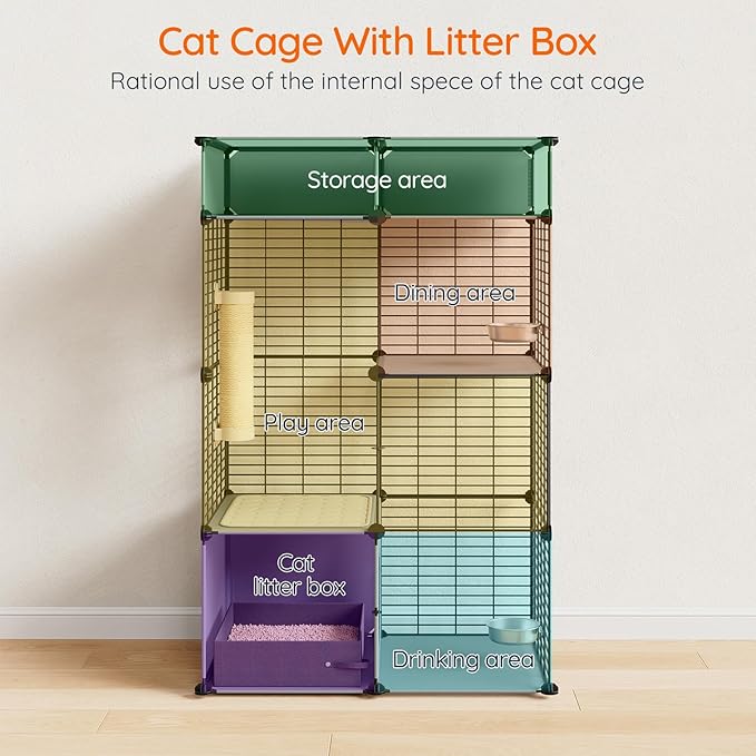 HOOBRO Cat Cage with Litter Box, 3 Tier Indoor Cat Enclosure Playpen with Storage, Food Bowls and Scratching Post, Detachable Metal Wire Kennel Crate, 27.6" L x 17.7" W x 48.8" H, Black and Grey