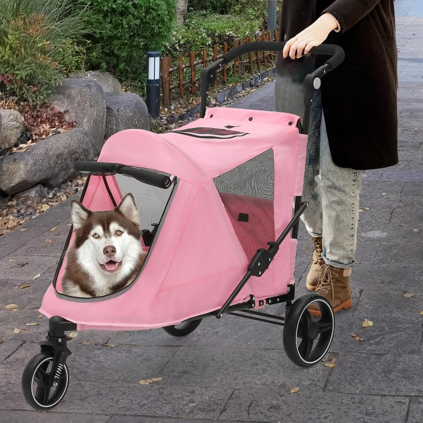 Athena Collection 3 Wheels Pet Stroller Fabric Dog Cart Dog Stroller for Large Dogs 55 Lbs Pet Stroller with Mesh Windows, Zipper Back Pocket, Safety Tether, Angle Adjustable Handlebar, Pink - Pawvie
