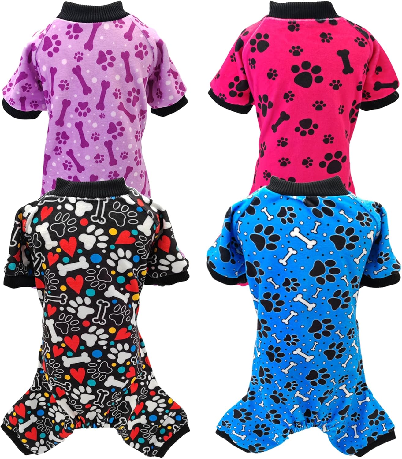 PET SHOW 4 Pack Small Dog Pajamas Paw Bone Patterns Cute Clothes for Medium Dogs Soft Fleece Stretchy PJs 4 Legged Jumpsuit Puppy Cats Onesies Outfits with Sleeve Dachshund Doggies Girl Boy (Large)
