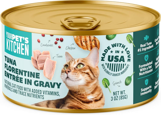 YOUR PET'S KITCHEN Canned Wet Cat Food, Tuna Florentine Entrée in Gravy - 3 oz Cans (Pack of 24), Made in The USA with Real Tuna