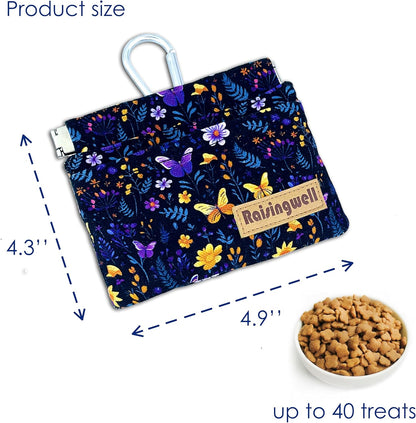 Dog Treat Pouch, Pocket Sized Pet Training Pouch, Cotton Fabric, Hand Free Purple Flower Dog Walking Bag with Carabiner, Self-Closing Pet Feed Snack Reward, for Puppy Travel or Outdoor Use