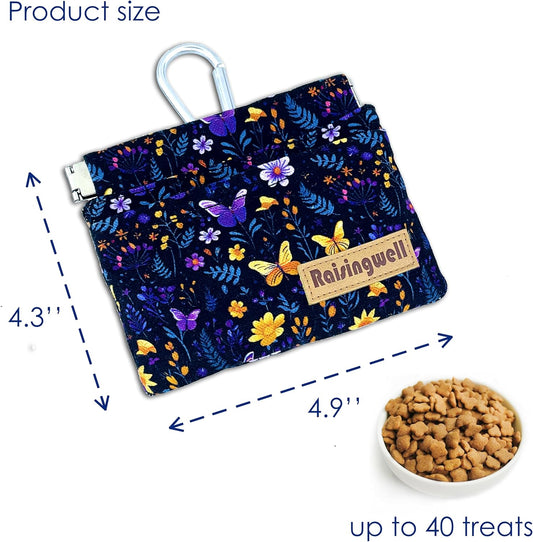 Dog Treat Pouch, Pocket Sized Pet Training Pouch, Cotton Fabric, Hand Free Purple Flower Dog Walking Bag with Carabiner, Self-Closing Pet Feed Snack Reward, for Puppy Travel or Outdoor Use