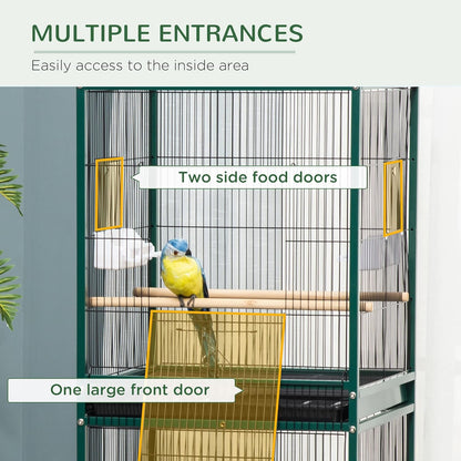 PawHut Large Bird Cage with 1.7 ft. Width for Wingspan, Bird Aviary Indoor with Multi-Door Design, Fit for a Canary, Finch, Conure, 55", Green