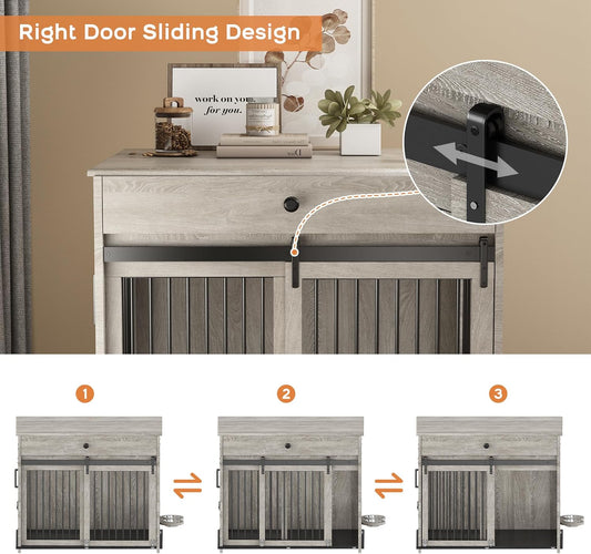 Large Dog Crate with Sliding Door, Furniture-Style Wooden Indoor Kennel, Integrated Side Table & Drawer, Secure Lock, 360° Rotating Bowl, Modern Pet House - Ideal for Home Decor (Grey)