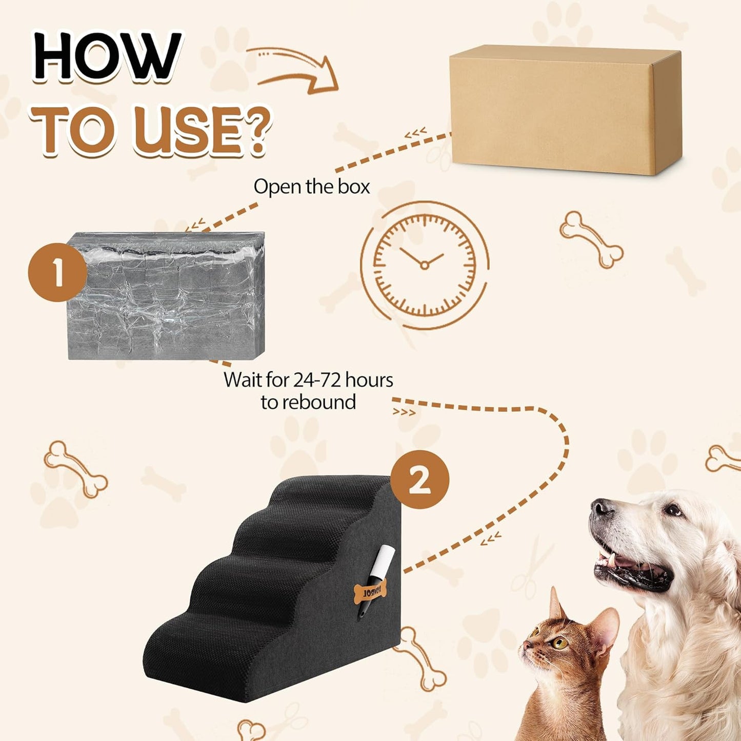 Dog Stairs, Romrol Dog Steps Ramp for High Bed and Couch, Dogs Ramp with Durable Non-Slip Waterproof Fabric Cover, Pet Stairs for Small Dogs and Cats or Pets Joints, 4-TiersBlack - Pawvie
