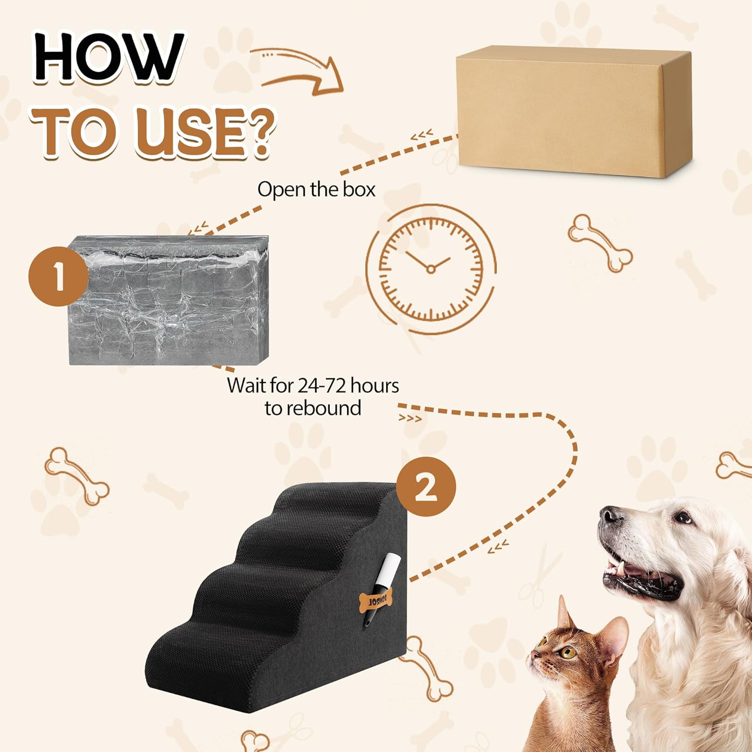 Dog Stairs, Romrol Dog Steps Ramp for High Bed and Couch, Dogs Ramp with Durable Non-Slip Waterproof Fabric Cover, Pet Stairs for Small Dogs and Cats or Pets Joints, 4-TiersBlack - Pawvie