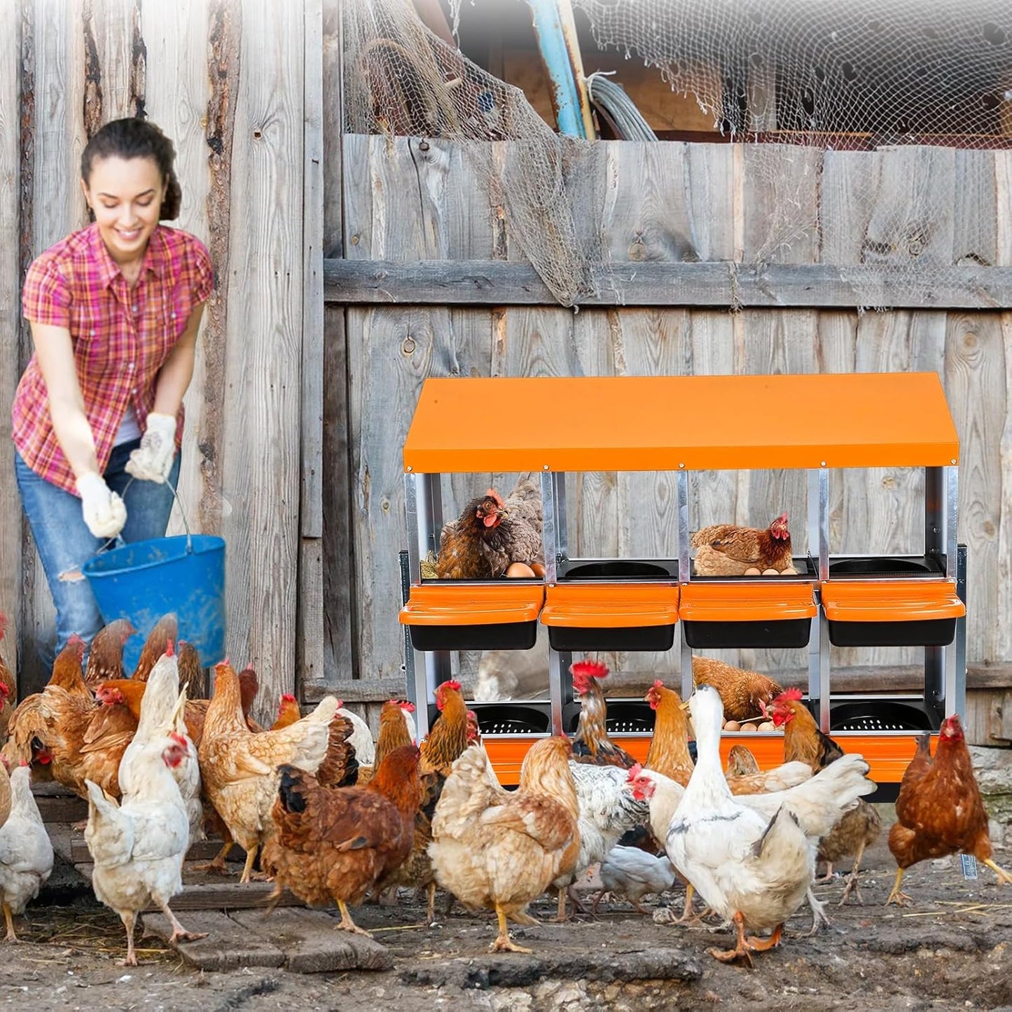Chicken Nesting Box, 8 Hole 2 Layer Hen Nest Boxes with Legs, Roll Away Eggs Laying Boxes,Cleanable Pull Out Hen Roosting Boxes