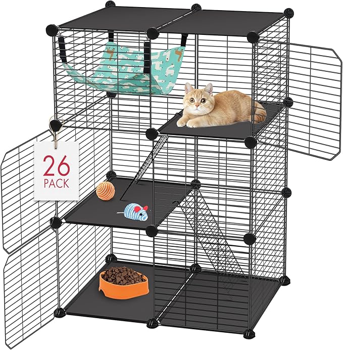 Cat Cage, 3-Tier DIY Catio Cat Enclosures, 24" x 16" x 36" Cat Playpen Indoor & Outdoor with Hammock, Detachable Metal Wire Kennel Cats Crate, 2x1x3 Exercise Place for 1-2 Kitten