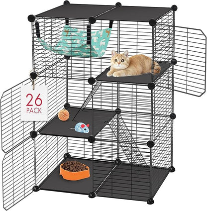 Cat Cage, 3-Tier DIY Catio Cat Enclosures, 24" x 16" x 36" Cat Playpen Indoor & Outdoor with Hammock, Detachable Metal Wire Kennel Cats Crate, 2x1x3 Exercise Place for 1-2 Kitten