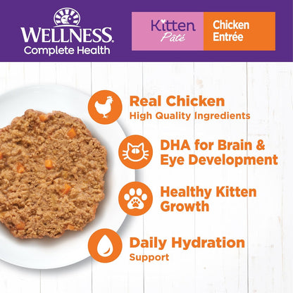 Wellness Complete Health Pate Kitten Wet Cat Food, Natural, Protein-Rich, Grain Free, 3 Ounce, 24 Pack, (Chicken)