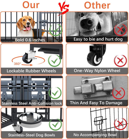 aboxoo 42/48 inch Heavy Duty Metal Dog Crate for 2 Dogs/Large Dog,All Metal Open Top Stackable,Dog Kennel Indoor with Wheels,Floor Grid, Tray, Divider and Feeding Bowl