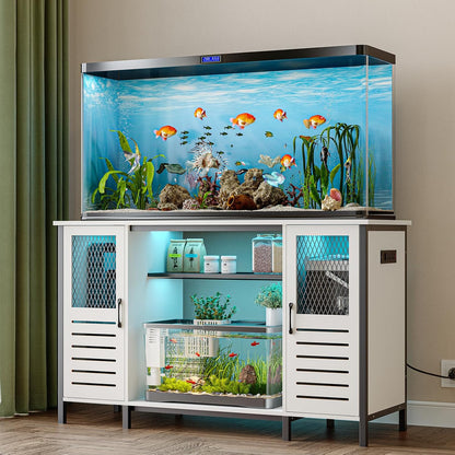 EAG 55-75 Gallon Fish Tank Stand with Power Outlets & LED Light, Heavy Duty Aquarium Stand with Adjustable Shelves, Turtle Reptile Terrarium Tank Stand with Cabinet, 1250LBS Capacity, White