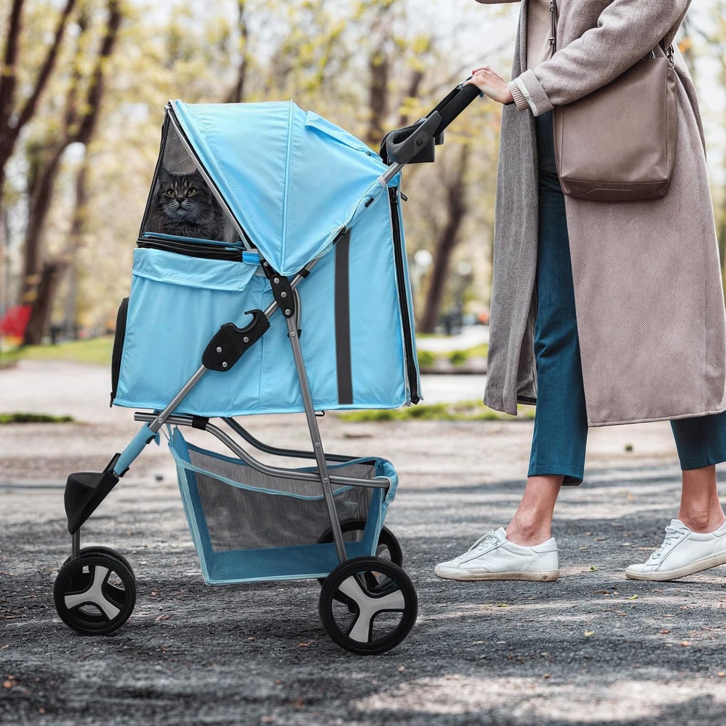 MoNiBloom 3 Wheels Pet Dog Cat Stroller for Small Medium Dogs Cats, Lightweight Foldable Jogger Stroller w/Storage Basket and Cup Holder, Mint Green - Pawvie