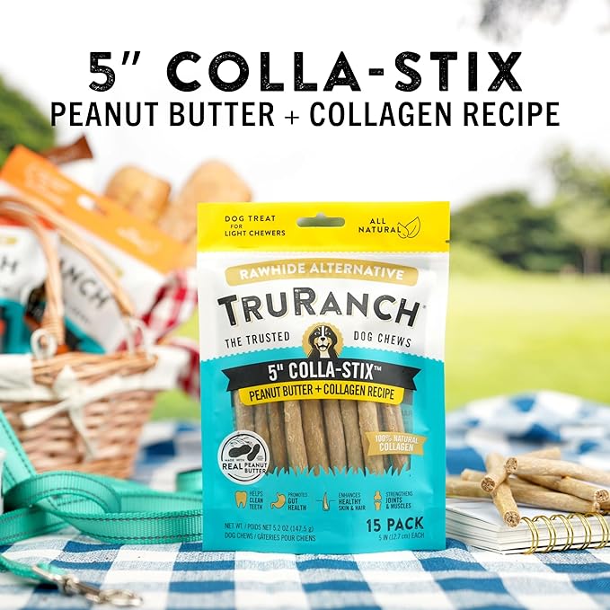 TRURANCH Collagen Sticks - 5" Collagen Sticks for Dogs - Long Lasting Healthy Joint Support Dog Treat - Rawhide Alternative - Skin & Coat Health - Made with Real Peanut Butter, 1 Bag, 15 Count