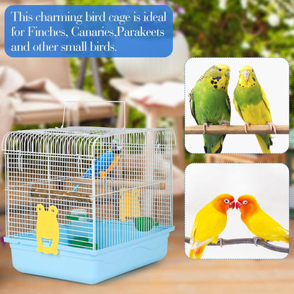 Small Bird Cage, Lightweight for Parakeets, Hanging for Parrot, Travel for Cockatiel, Outdoor Budgie, Pet Products Flat Top Economy Small Animal Cage with Stand Accessories with White Wire, Blue