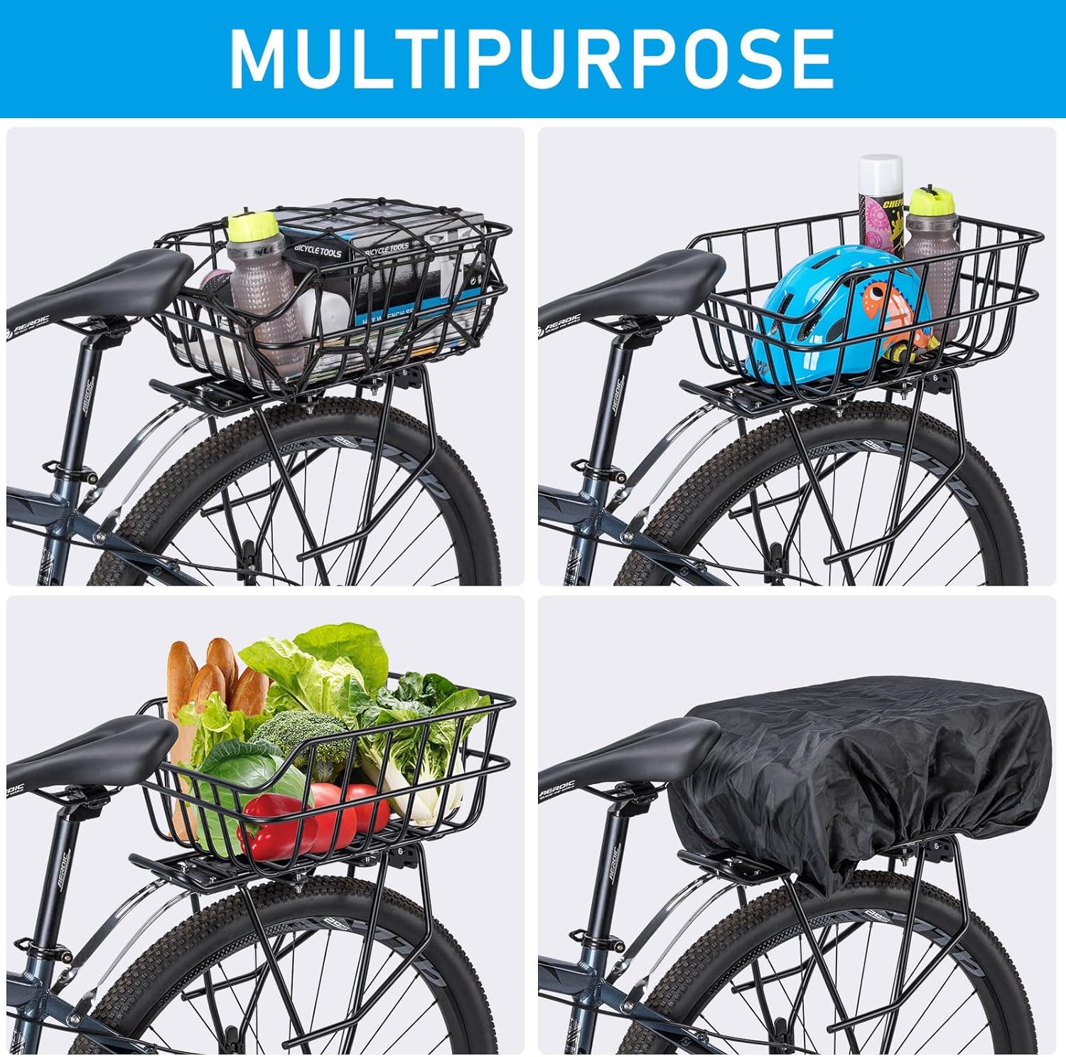 CXWXC Rear Bike Basket - Bicycle Rear Basket with Cargo Net and Waterproof Cover - Rear Mount Aluminium Bike Basket Large Capacity - Pawvie