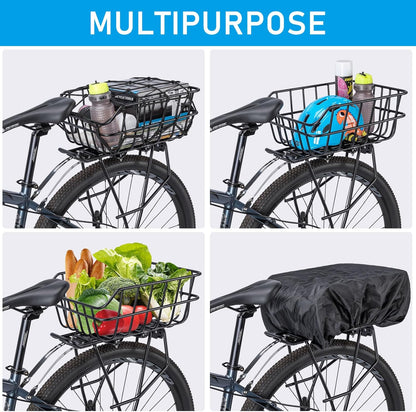CXWXC Rear Bike Basket - Bicycle Rear Basket with Cargo Net and Waterproof Cover - Rear Mount Aluminium Bike Basket Large Capacity - Pawvie