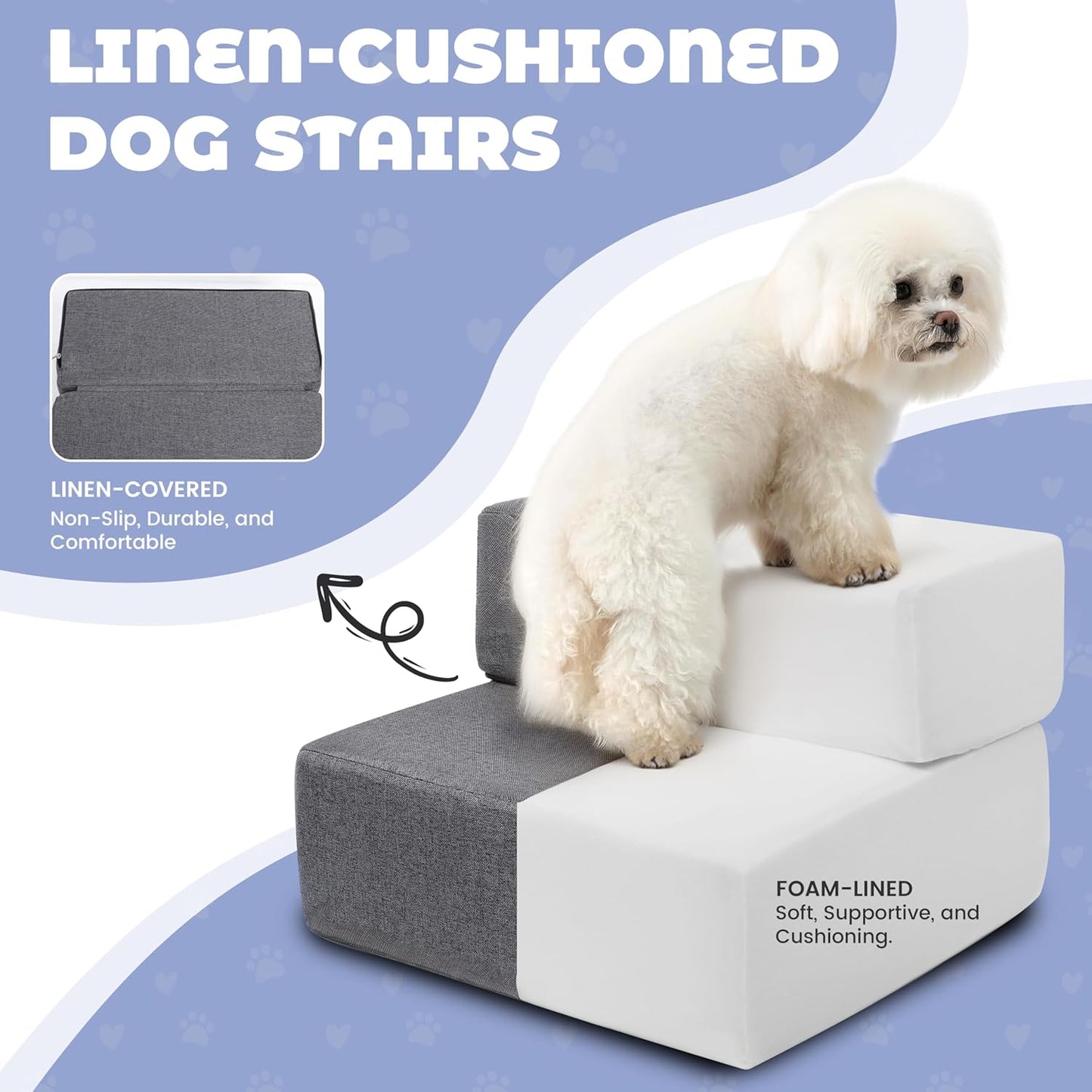 Foldable 18 Inch Wide 3 Step Wide Dog Stairs for Large Dogs, 18 Inch Height Foam Dog Steps for Bed & Couch, Linen Covered Pet Stairs for Dogs to Get on Bed, Outdoor Foam Pet Steps for for Cars & SUV