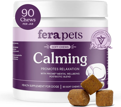 Fera Pets Dog Calming Chews - Anxiety Relief Support - Promotes Relaxation - Ashwagandha & Priome® Mental Wellbeing Postbiotic Blend - 90 Soft Chews