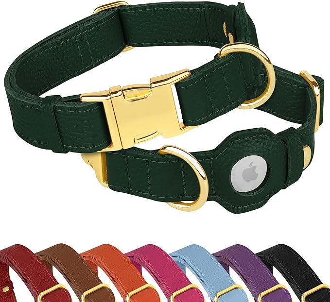Leather Airtag Dog Collar - Soft Tracking Dog Collar with Apple AirTag Holder and Metal Buckle - Safety GPS Pet Collars for Small Medium Large Dogs Puppy Pink Red (Green, L, 17"-21" Neck Fit)