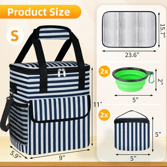 Dog Travel Bag for Camping - Pet Travel Accessories with 2 Collapsible Bowls, 2 Food Containers & Waterproof Feeding Mat - Portable Dog Carrier, Stripe (Small) - Pawvie