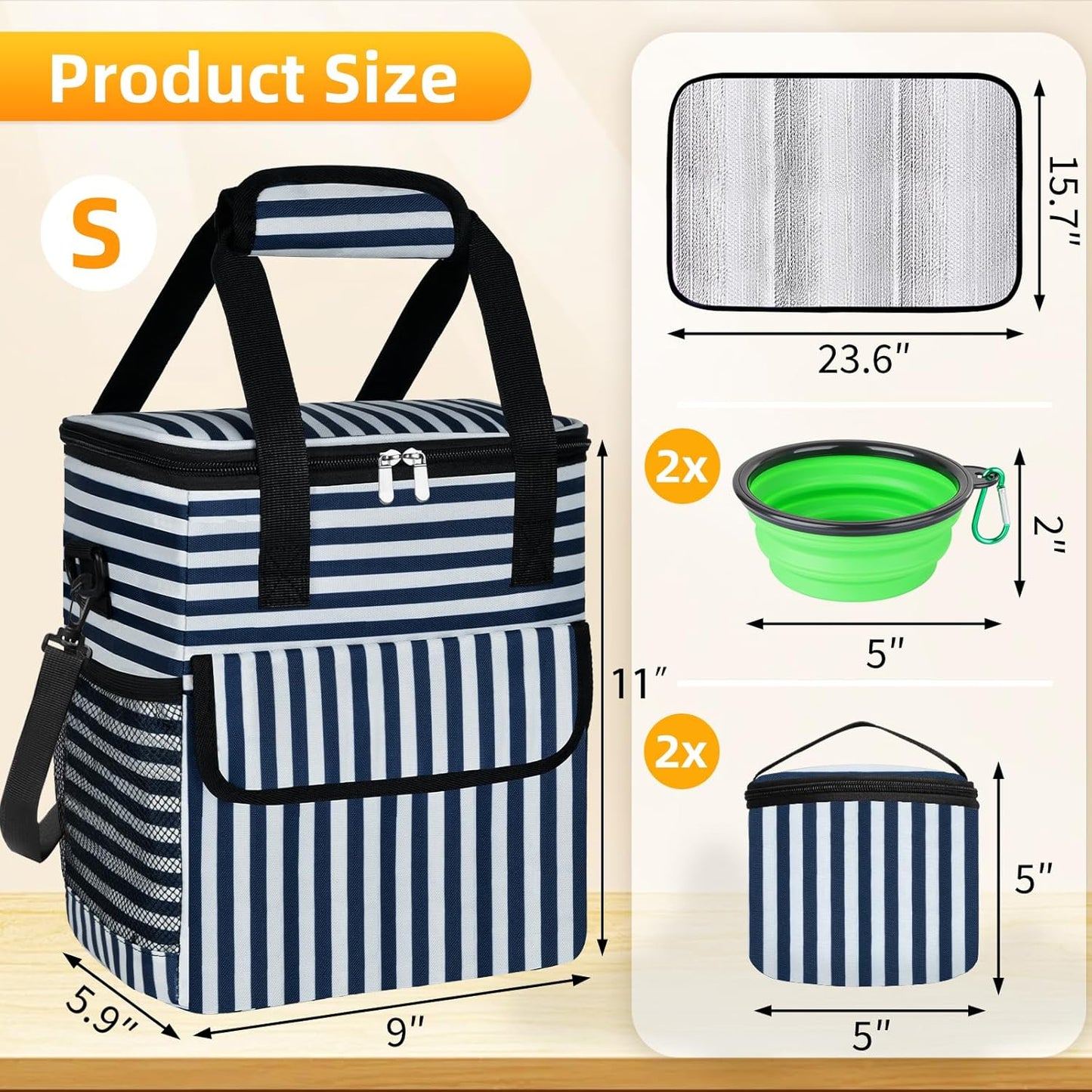 Dog Travel Bag for Camping - Pet Travel Accessories with 2 Collapsible Bowls, 2 Food Containers & Waterproof Feeding Mat - Portable Dog Carrier, Stripe (Small) - Pawvie