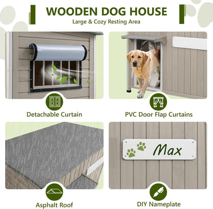 Large Dog House Outdoor XL Wooden Dog House with Weatherproof Asphalt Roof, Chew-Resistant Frame, Removable Floor, for Medium to Large Dogs Indoor Outdoor Use (Grey, 43.3"L x 29.5"W x 33.5"H)