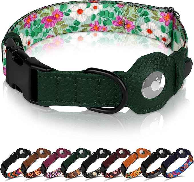 AirTag Dog Collar with Metal Buckle - Printed Nylon Soft Leather Dog Collar with Apple AirTag Holder - Secure Tracking GPS Pet Collars for Girl Boy Small Large Dogs (L, 17"-21" Neck Fit, Floral)