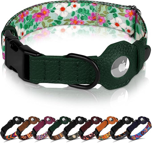 AirTag Dog Collar with Metal Buckle - Printed Nylon Soft Leather Dog Collar with Apple AirTag Holder - Secure Tracking GPS Pet Collars for Girl Boy Small Large Dogs (M, 14"-18" Neck Fit, Floral)