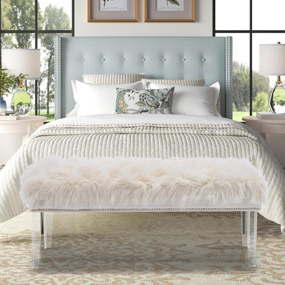 46 Inch White Bedroom Bench, Benches for Bedroom White Faux Fur Upholstered Bed end Bench, Tufting Ottoman Bench Indoor Bench with Acrylic Legs for Living Room Bedroom Entryway