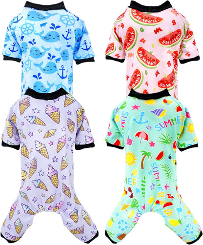 PET SHOW 4 Pack Small Dog Pajamas Watermelon Doggies Soft Stretchy PJs Whale Ice Cream Jumpsuit Puppy Cats Girl Boy Floral Onesies Outfits with Sleeve Pets Breathable Summer Dog Clothes Costume XS