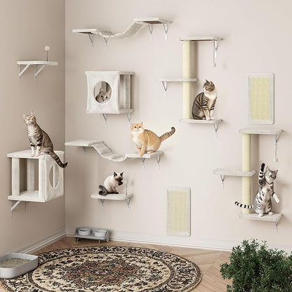 NUNU LAB Wall Mounted Cat Wall Shelves, 10-in-1 Cat Wall Climber with Kitten House, Bridge, Steps, Scratcher, Indoor Space-Saving Furniture for Kittens Play, Beige