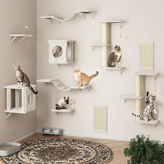 NUNU LAB Wall Mounted Cat Wall Shelves, 10-in-1 Cat Wall Climber with Kitten House, Bridge, Steps, Scratcher, Indoor Space-Saving Furniture for Kittens Play, Beige