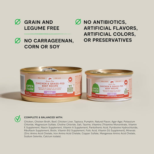 Open Farm Canned Cat Food, Paté for Complete & Balanced Nutrition, Grain-Free and Legume-Free Wet Cat Food, Chicken & Beef Recipe, 5.3oz Cans (Case of 12)