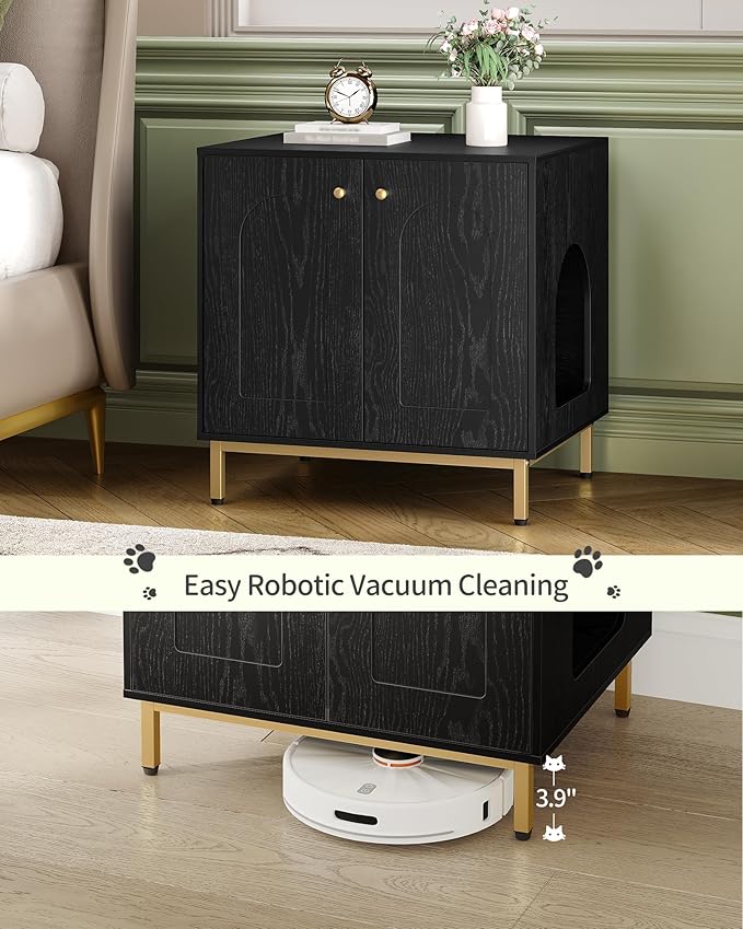 Cat Litter Box Enclosure, Hidden Litter Box Furniture Cabinet, Wooden Indoor Cat House, Side End Table, Living Room, Bedroom, Black and Gold CB81204G