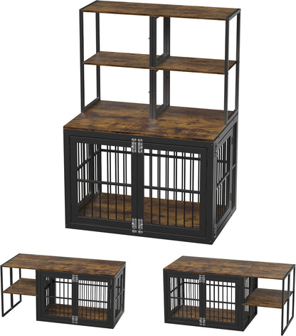 Dociote Heavy Duty Dog Crate Furniture with Storage Shelves，Large Dog Kennel Indoor End Table 39 Inch,Brown