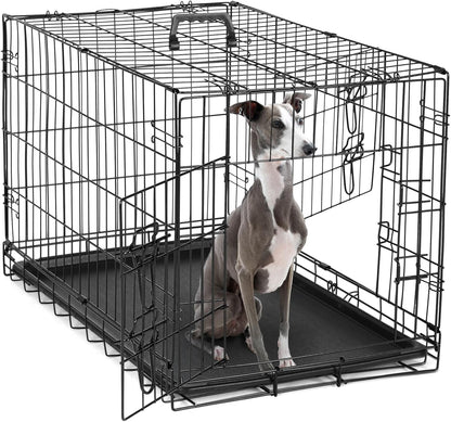 DUMOS Dog Crate, 36 Inch Medium Double Door Dog Cage with Divider Panel and Plastic Leak-Proof Pan Tray, Folding Metal Wire Pet Kennel for Indoor, Outdoor, Travel