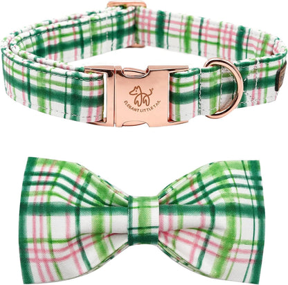 Elegant little tail Dog Collar with Bow - Pink with Green Plaid Boy or Girl Dog Collar Cute Bowtie Pet Collar Adjustable Dog Collar for Small Puppy