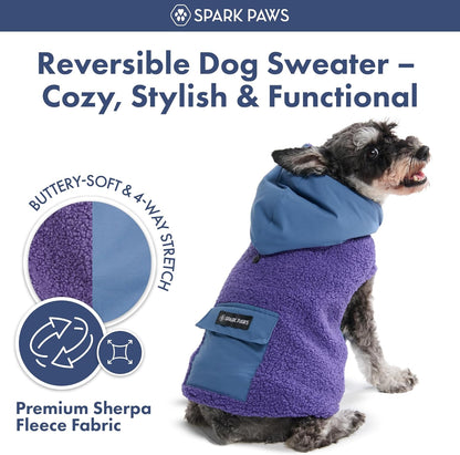 Spark Paws Reversible Dog Sweater, Sherpa Jacket Vest with Warm Fleece Lining, Warm Coat for Winter, Suitable for Small Medium, Large, XL XXL Dogs - Purple and Navy Blue - S