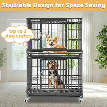 36 Inch Collapsible Dog Crate, Heavy Duty Dog Cage for Small/Medium Dogs, 2-Door Dog Kennel with Top Access, Lockable Wheels, Tray & Metal Floor Grid