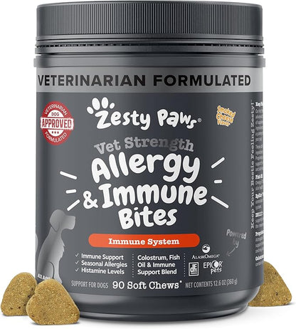 Zesty Paws Vet Strength Dog Allergy Relief Chews, Dog Probiotics for Itchy Skin and Ears, Smoked Cheese, 90ct