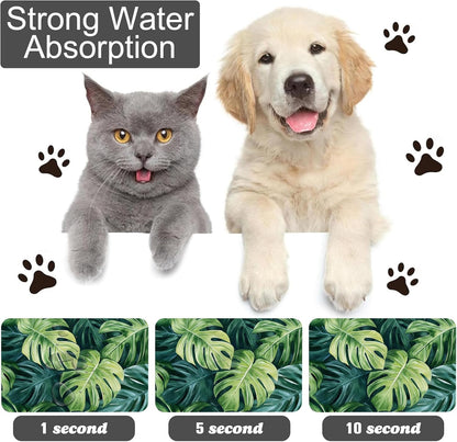 Tropical Palm Leaves Pet Feeding Mat-Quick Dry Absorbent Dog Cat Food Mat, Anti-Slip Water Bowl Mats for Messy Eaters-No Stains Indoor Pet Accessories 12"x20"