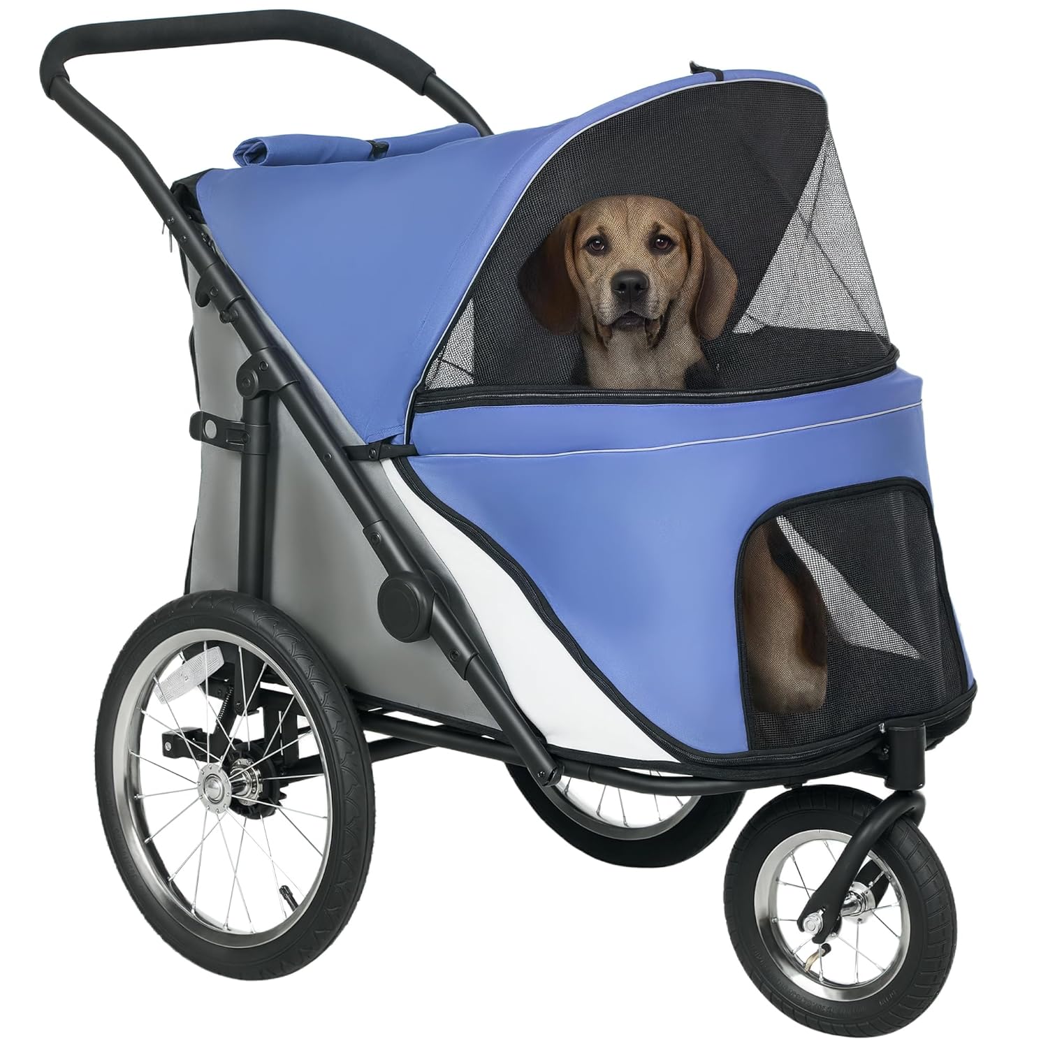 PawHut Dog Stroller, Pet Stroller 3 Wheels with Easy One-Hand Fold, Rubber Wheels, Storage Bag, Soft Cushion, Safety Leash, for Small & Medium Dogs, Blue - Pawvie