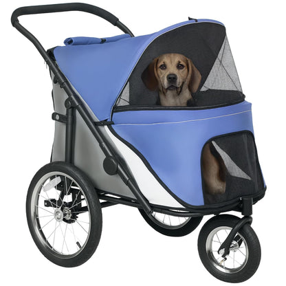 PawHut Dog Stroller, Pet Stroller 3 Wheels with Easy One-Hand Fold, Rubber Wheels, Storage Bag, Soft Cushion, Safety Leash, for Small & Medium Dogs, Blue - Pawvie