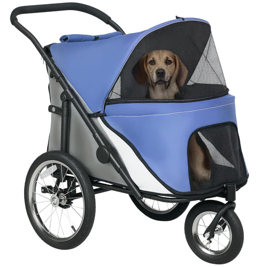PawHut Dog Stroller, Pet Stroller 3 Wheels with Easy One-Hand Fold, Rubber Wheels, Storage Bag, Soft Cushion, Safety Leash, for Small & Medium Dogs, Blue - Pawvie