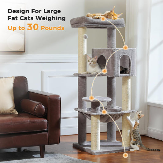 Large Cat Tree with Reinforced Scratching Posts (φ3.1in) for Big Adult Cats 30 lbs, 57.8" Heavy Duty Cat Tower with Larger Hammock and Condo, Cat Furniture for Maine Coon, Plush,Grey